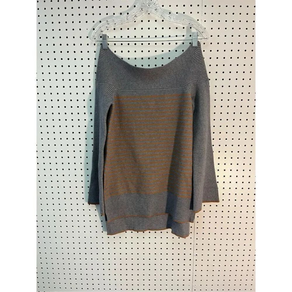 Anthropologie Gray/Tan Stripe Off Shoulder Sweater
